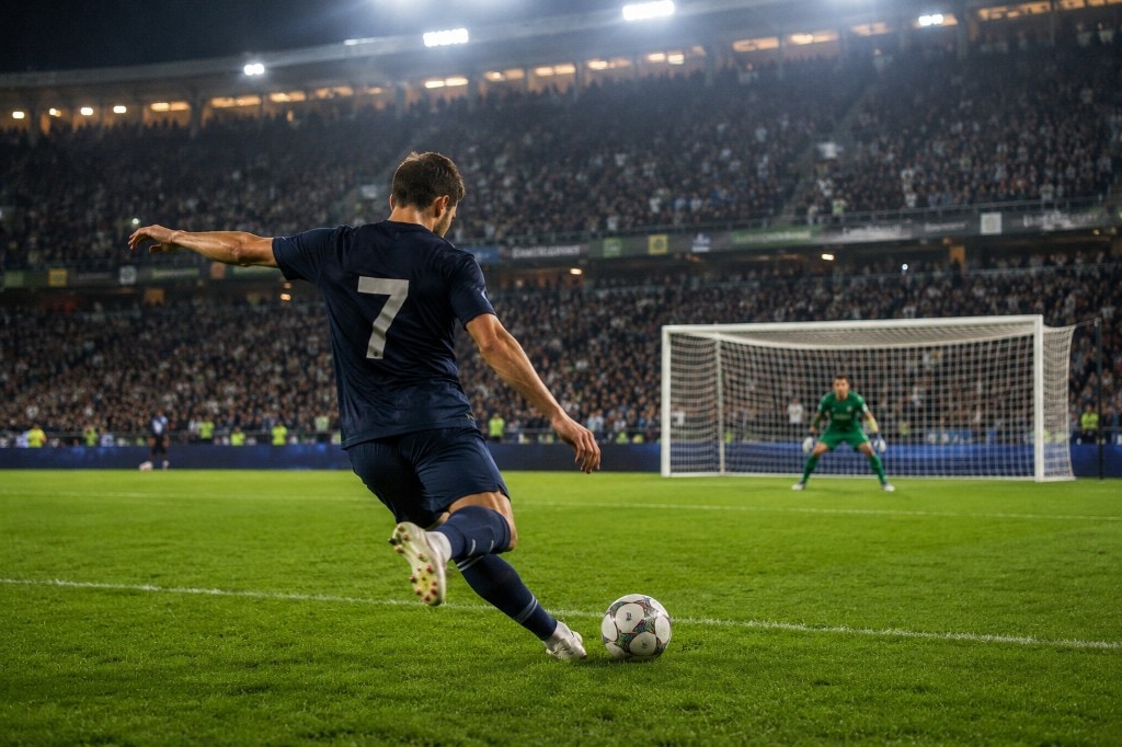 Jugador de fútbol a punto de rematar al arco