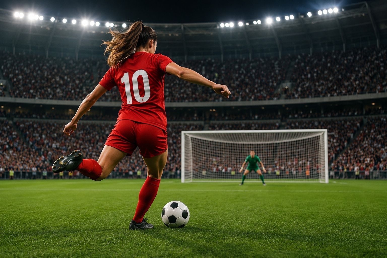 Jugadora de fútbol a punto de rematar al arco